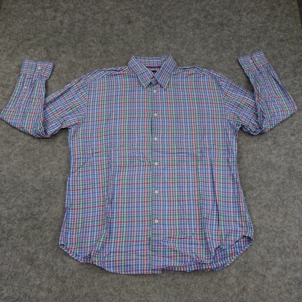 T Harris Button Up Shirt Mens Large Blue Long Sleeve Classic Fit Cotton Check